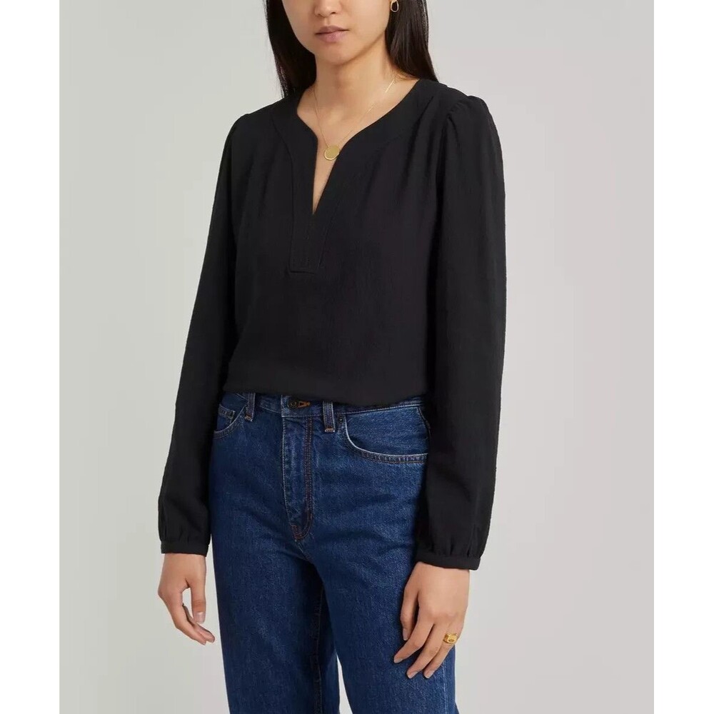 A.P.C. Womens Virginie Wool-Mix Crepe Black V-neck Blouse Top Sz 38 Paris US 4-6